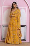 Yuvraani Jaipur_Yellow Chinon, Cotton, Chiffon Embroidery V-neck Floral Print Lehenga Set _at_Aza_Fashions