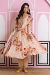 Shop_Yuvraani Jaipur_Beige Chinon, Cotton, Chiffon, Cambric Sequins, Embroidery Floral Anarkali Set 