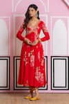 Yuvraani Jaipur_Red Chinon, Cotton, Chiffon, Cambric Embroidery V-neck Floral Print Anarkali Set _at_Aza_Fashions