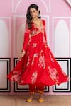 Buy_Yuvraani Jaipur_Red Chinon, Cotton, Chiffon, Cambric Embroidery V-neck Floral Print Anarkali Set 