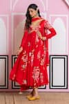 Shop_Yuvraani Jaipur_Red Chinon, Cotton, Chiffon, Cambric Embroidery V-neck Floral Print Anarkali Set 
