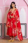 Yuvraani Jaipur_Red Chinon, Cotton, Chiffon, Cambric Embroidery V-neck Floral Print Anarkali Set _Online