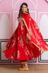 Buy_Yuvraani Jaipur_Red Chinon, Cotton, Chiffon, Cambric Embroidery V-neck Floral Print Anarkali Set _Online