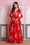 Buy_Yuvraani Jaipur_Red Chinon, Cotton, Chiffon Embroidery V-neck Floral Peplum Kurta Lehenga Set _Online_at_Aza_Fashions