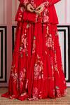 Shop_Yuvraani Jaipur_Red Chinon, Cotton, Chiffon Embroidery V-neck Floral Peplum Kurta Lehenga Set _Online_at_Aza_Fashions