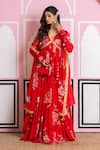 Yuvraani Jaipur_Red Chinon, Cotton, Chiffon Embroidery V-neck Floral Peplum Kurta Lehenga Set _at_Aza_Fashions