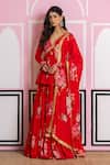 Buy_Yuvraani Jaipur_Red Chinon, Cotton, Chiffon Embroidery V-neck Floral Peplum Kurta Lehenga Set 