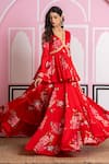 Shop_Yuvraani Jaipur_Red Chinon, Cotton, Chiffon Embroidery V-neck Floral Peplum Kurta Lehenga Set 