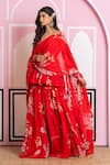 Yuvraani Jaipur_Red Chinon, Cotton, Chiffon Embroidery V-neck Floral Peplum Kurta Lehenga Set _Online