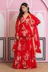 Buy_Yuvraani Jaipur_Red Chinon, Cotton, Chiffon Embroidery V-neck Floral Peplum Kurta Lehenga Set _at_Aza_Fashions