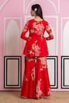 Shop_Yuvraani Jaipur_Red Chinon, Cotton, Chiffon Embroidery, Zari V-neck Floral Sharara Set _at_Aza_Fashions