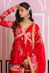 Yuvraani Jaipur_Red Chinon, Cotton, Chiffon Embroidery, Zari V-neck Floral Sharara Set _at_Aza_Fashions