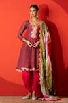 Buy_Yuvraani Jaipur_Maroon Crepe, Silk, Organza Sequins, Embroidery Designer Kurta Set With Dupatta _at_Aza_Fashions