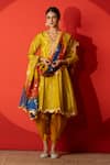 Buy_Yuvraani Jaipur_Yellow Silk, Crepe, Organza Embroidery V-neck Designer Kurta Set With Dupatta _at_Aza_Fashions