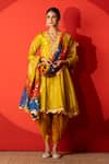 Yuvraani Jaipur_Yellow Silk, Crepe, Organza Embroidery V-neck Designer Kurta Set With Dupatta _at_Aza_Fashions