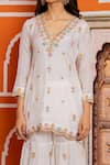 Yuvraani Jaipur_Ivory Silk, Shantoon, Organza Embroidery V-neck Kurta Sharara Set _at_Aza_Fashions
