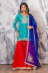 Buy_Yuvraani Jaipur_Turquoise Silk, Shantoon, Organza Sequins, Blue And Red Designer Kurta Sharara Set _at_Aza_Fashions