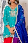 Shop_Yuvraani Jaipur_Turquoise Silk, Shantoon, Organza Sequins, Blue And Red Designer Kurta Sharara Set 