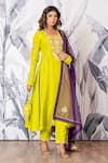 Yuvraani Jaipur_Green Silk, Shantoon, Organza Embroidery Round Designer Kurta Pant Dupatta Set _at_Aza_Fashions
