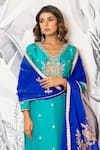 Yuvraani Jaipur_Blue Silk, Shantoon, Organza Sequins, Embroidery V-neck Kurta Set With Dupatta _at_Aza_Fashions