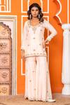 Yuvraani Jaipur_Peach Silk, Shantoon, Organza Embroidery Round Neck Kurta Sharara Set _Online
