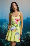 Buy_THE IASO_Yellow Linen Beads Square Neck Floral Print Lemon Dress _at_Aza_Fashions