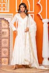 Buy_Yuvraani Jaipur_Ivory Muslin, Shantoon, Chinon, Chiffon Embroidery V-neck Anarkali Set _at_Aza_Fashions