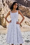 Buy_Dash And Dot_Blue Polyester, Spandex Embroidery Square Neck Floral Flared Midi Dress _Online_at_Aza_Fashions