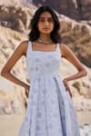Shop_Dash And Dot_Blue Polyester, Spandex Embroidery Square Neck Floral Flared Midi Dress _Online_at_Aza_Fashions
