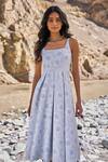 Dash And Dot_Blue Polyester, Spandex Embroidery Square Neck Floral Flared Midi Dress _at_Aza_Fashions