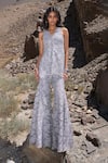 Dash And Dot_Silver Polyester Embroidery V-neck Lace Sleeveless Peplum Top _Online_at_Aza_Fashions