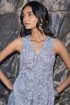 Dash And Dot_Silver Polyester Embroidery V-neck Lace Sleeveless Peplum Top _at_Aza_Fashions