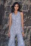 Buy_Dash And Dot_Silver Polyester Embroidery V-neck Lace Sleeveless Peplum Top _at_Aza_Fashions