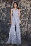 Shop_Dash And Dot_Silver Polyester Lace V-neck Embroidered Peplum Top And Pant Set _at_Aza_Fashions