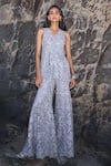 Shop_Dash And Dot_Silver Polyester Lace V-neck Embroidered Peplum Top And Pant Set _Online_at_Aza_Fashions