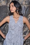 Dash And Dot_Silver Polyester Lace V-neck Embroidered Peplum Top And Pant Set _at_Aza_Fashions
