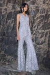 Buy_Dash And Dot_Silver Polyester Lace V-neck Embroidered Peplum Top And Pant Set 