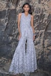 Shop_Dash And Dot_Silver Polyester Lace V-neck Embroidered Peplum Top And Pant Set 