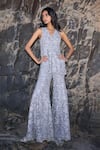 Dash And Dot_Silver Polyester Lace V-neck Embroidered Peplum Top And Pant Set _Online