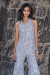 Buy_Dash And Dot_Silver Polyester Lace V-neck Embroidered Peplum Top And Pant Set _Online