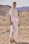 Shop_Dash And Dot_Ivory Polyester, Viscose, Spandex Embroidery Mandarin Gara Stitch Pant Set _Online_at_Aza_Fashions