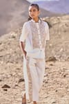 Dash And Dot_Ivory Polyester, Viscose, Spandex Embroidery Mandarin Gara Stitch Pant Set _at_Aza_Fashions
