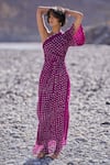 Shop_Dash And Dot_Purple Viscose One Shoulder Single Sleeve Bandhani Dress _Online_at_Aza_Fashions