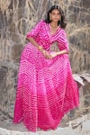 Buy_Dash And Dot_Fuchsia Viscose V-neck Bandhani Top And Flared Skirt _Online_at_Aza_Fashions
