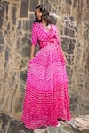 Dash And Dot_Fuchsia Viscose V-neck Bandhani Top And Flared Skirt _at_Aza_Fashions