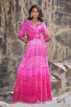 Buy_Dash And Dot_Fuchsia Viscose V-neck Bandhani Top And Flared Skirt _at_Aza_Fashions