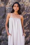 Dash And Dot_Off White Polyester Beads Off-shoulder Pearl Poplin Midi Dress _Online_at_Aza_Fashions