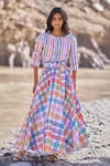 Dash And Dot_Multi Color Cotton Round Neck Check And Stripe Skirt Set _at_Aza_Fashions