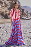 Dash And Dot_Red Polyester Collared Striped Maxi Skirt Set _at_Aza_Fashions