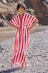 Shop_Dash And Dot_Red Polyester V-neck Striped Kaftan Dress _at_Aza_Fashions